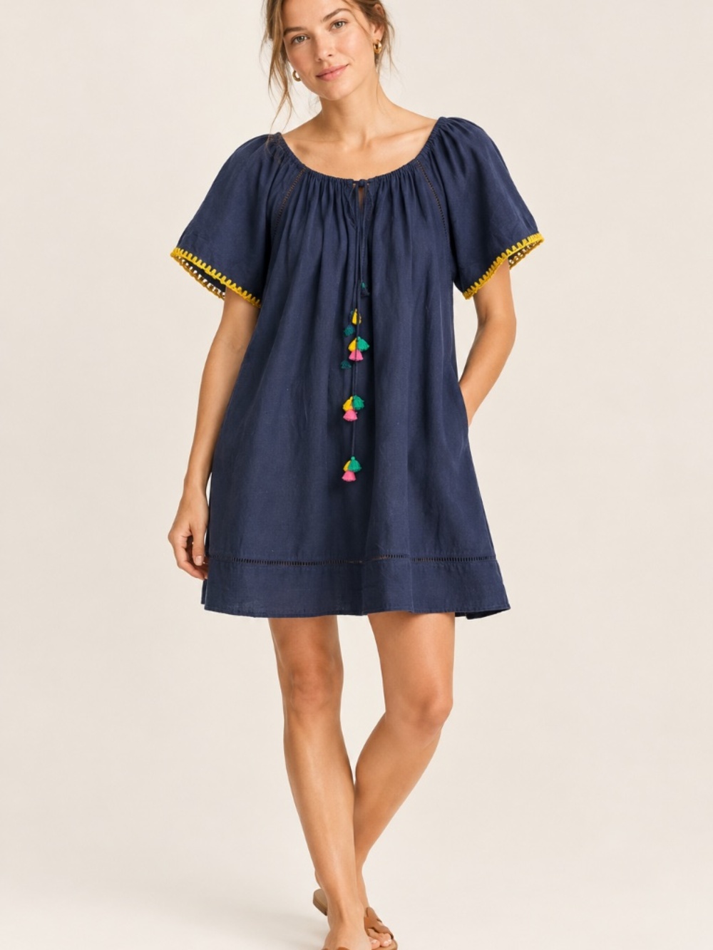 J.Crew Navy Blue Tassel Embroidered Summer Mini Dress Swim Coverup Size L